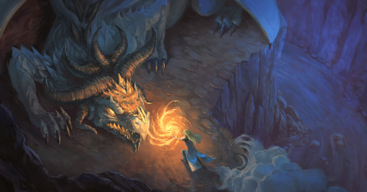 Ilustracion de fantasia con un dragon, en la linea de los manhwa de accion y fantasia