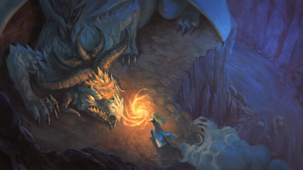 Ilustracion de fantasia con un dragon, en la linea de los manhwa de accion y fantasia